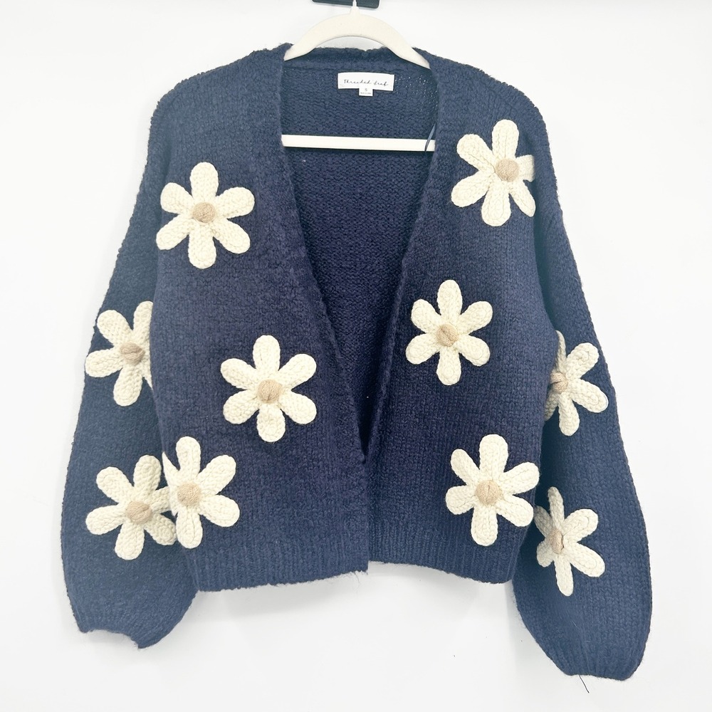 Threaded Leaf Womens Navy Blue 3D Crochet Daisy Cottagecore Cardigan Sweater S